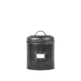  Antique black metal storage tin, cylindrical shape, small desk organizer with lid and handle
