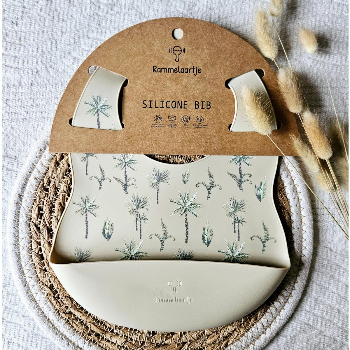 Siliconen slabber Beige - Jungle Plantenprint