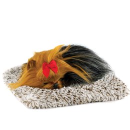 Plush Yorkshire Terrier dog toy with sound, measuring 14x13x5.5cm. Soft, cuddly plush material in brown and black colors with a red bow accent. Includes battery for sound effects.