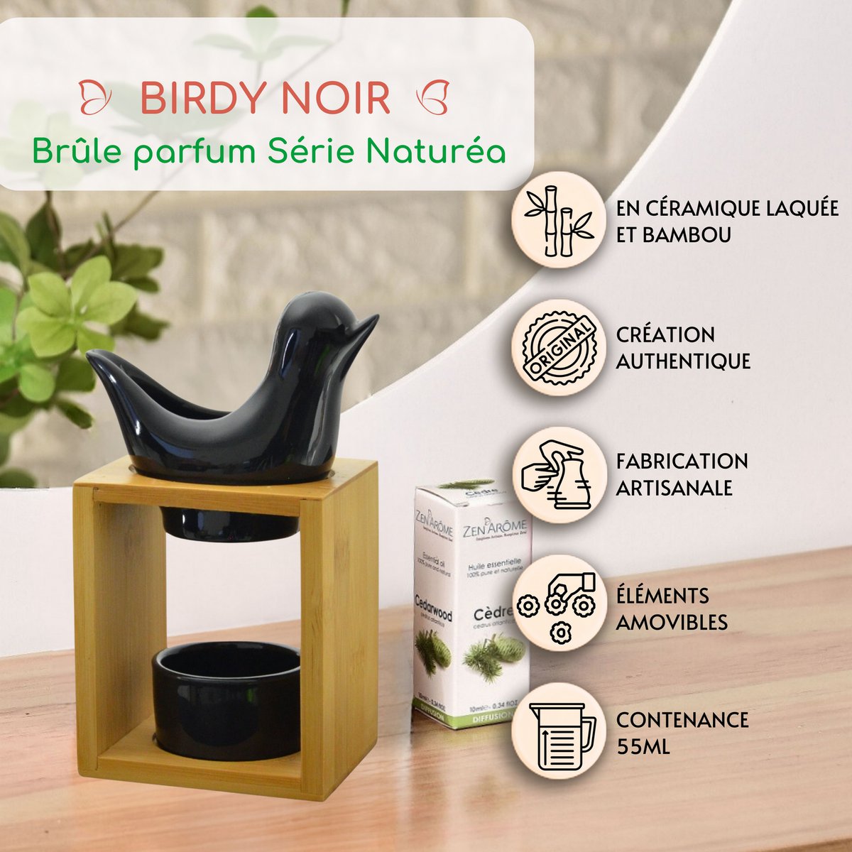 Brûle Parfum Série Naturea – Birdy Noir – Diffusion Huiles Essentielles, Cires Parfumées – Bougeoir Aromathérapie – Idée Décoration
