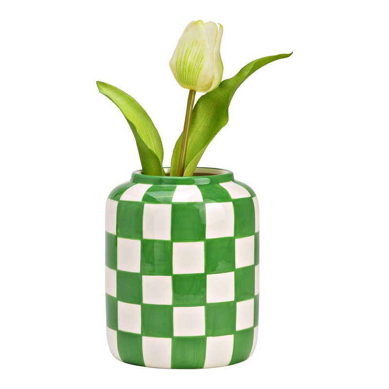 Vaas geruit van keramiek, groen/wit (B/H/D) 12x14x12cm