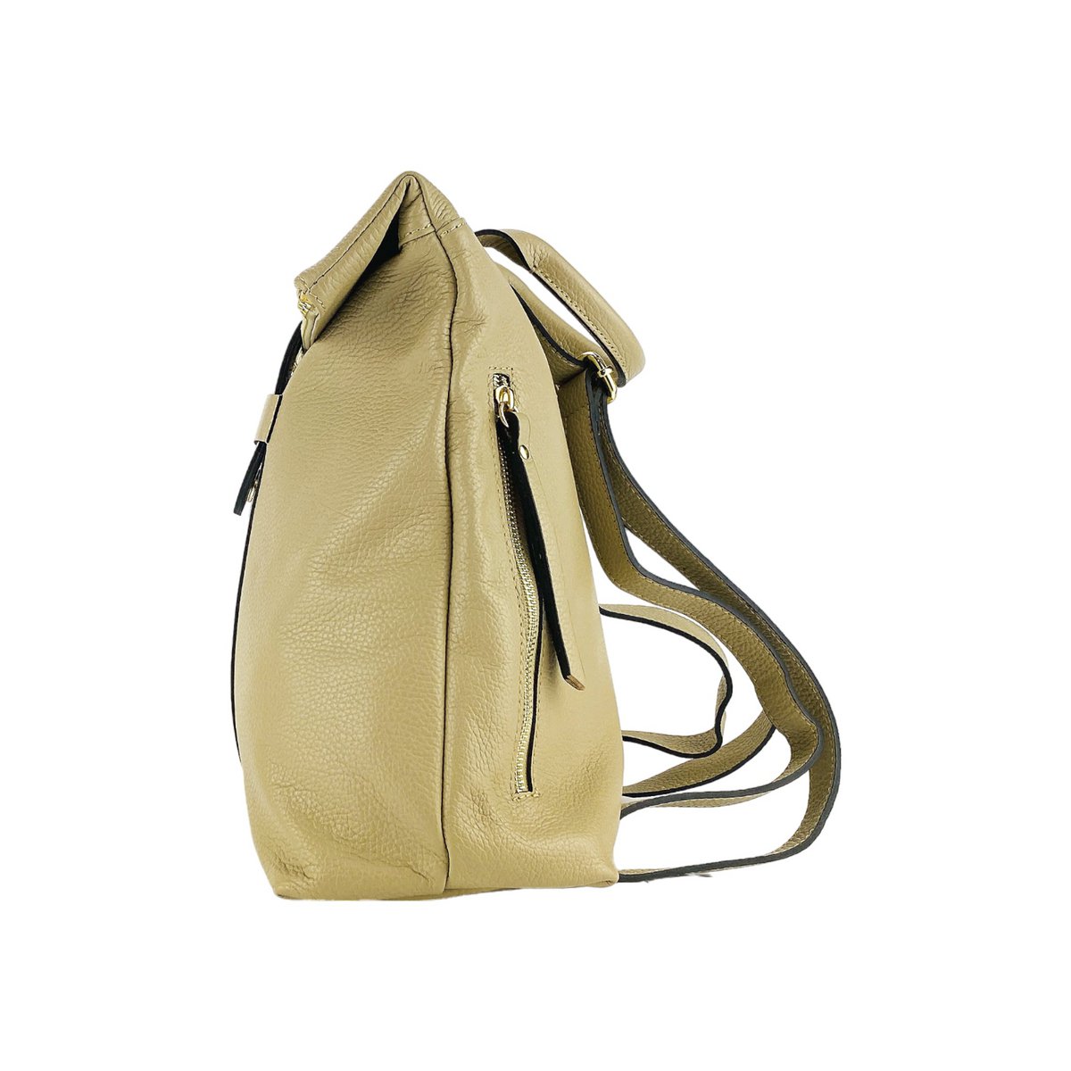 RB1021AL | Soft women's backpack in genuine leather Made in Italy with adjustable shoulder straps. Zipper and accessories in shiny gold metal - Beige color - Dimensions: 30 x 34 x 10.5 cm