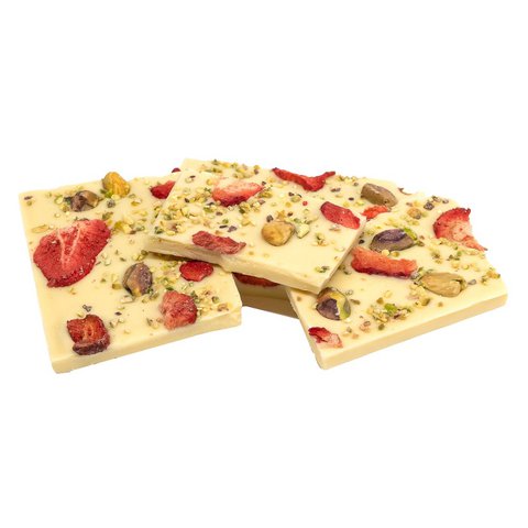 Gebroken repen (wit met aardbeien en pistachenoten) 200 Grs
