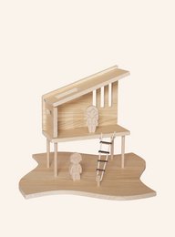 Wooden toy treehouse with ladder, suitable for children's play. Features a simple, minimalist design in neutral tones.
