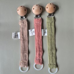 Pacifier chain made of hydrophilic fabric with wooden fastening clip - Old pink