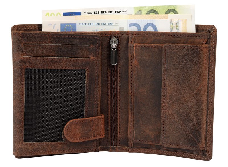 Cartera decorativa de piel auténtica (cuero Hunter), RFID, formato vertical, "Fischer/Angler", marrón oscuro