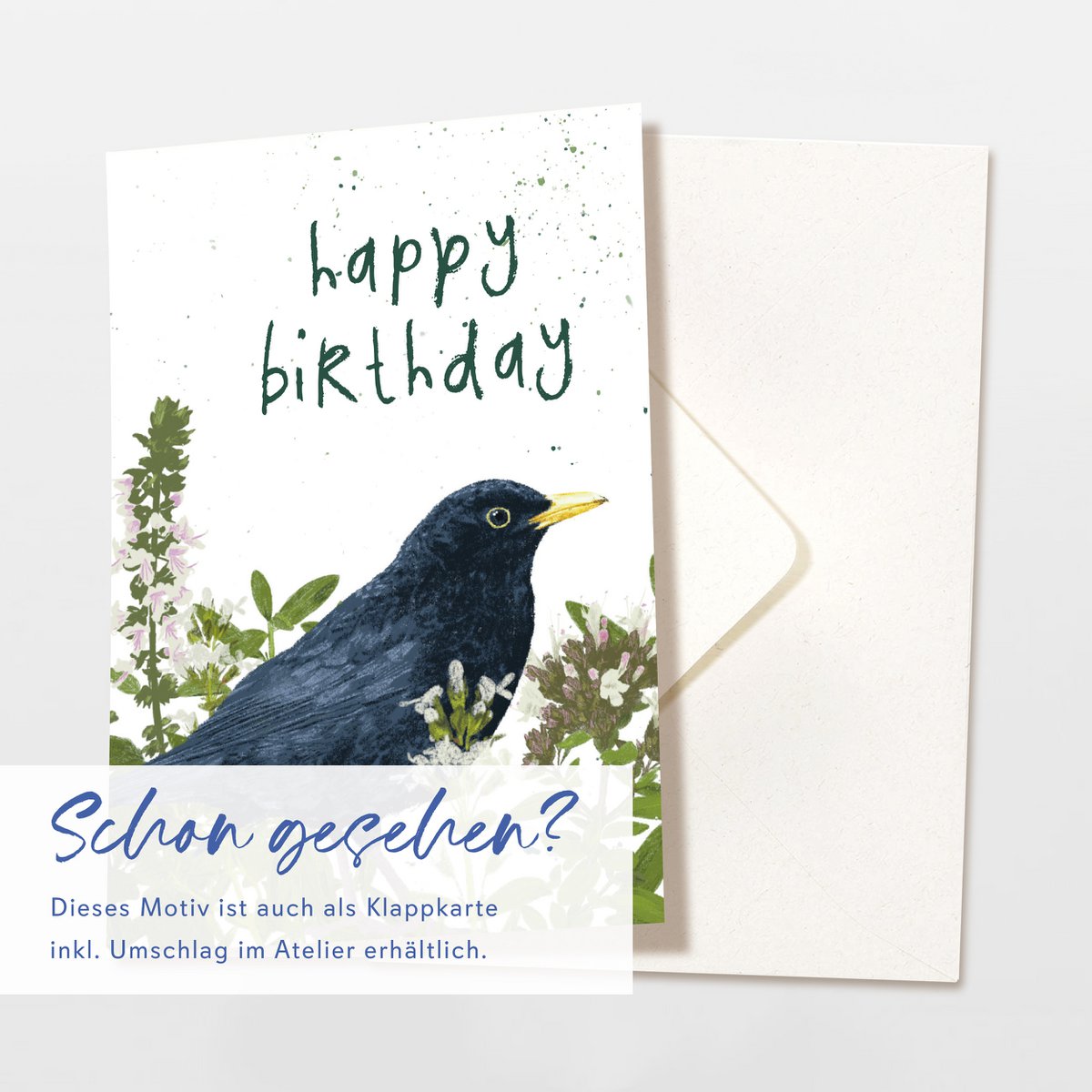 Geburtstagskarte 'happy birthday' mit Vogel und Wildblumen
