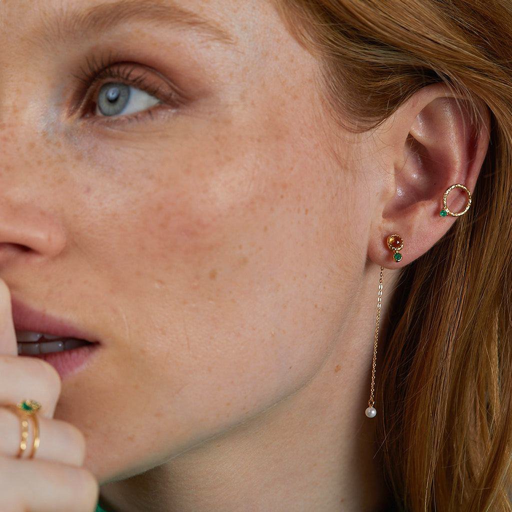 Long green onyx, citrine and pearl earrings