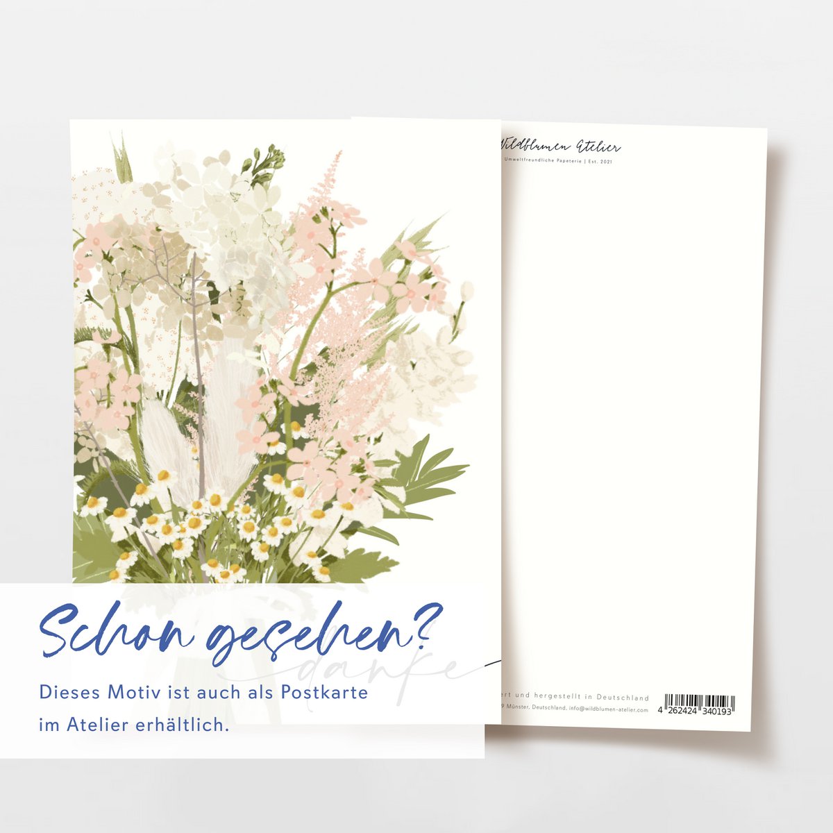 Folding card 'thank you' with a pink bouquet of flowers, including envelope