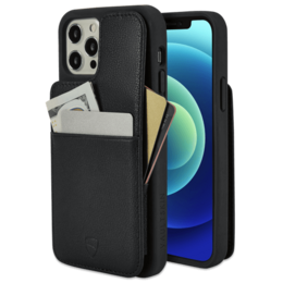 Black leather wallet case for iPhone 14 with card slots and protective design.