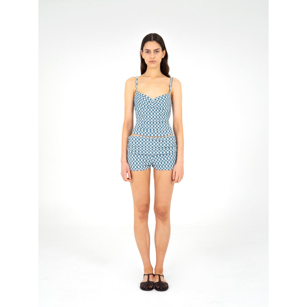 Blaues Craft-Jersey-Top mit Rüschen