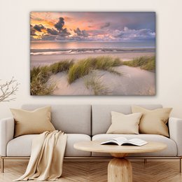 Lærredsmaleri - vægdekoration - solnedgang - klit - strand - planter - hav