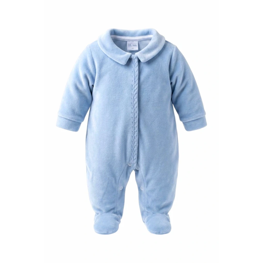 Baby velour sovedragt i blå med krave, dreng