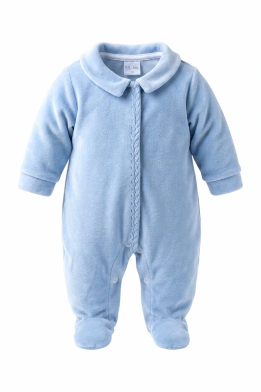 Baby velour sovedragt i blå med krave, dreng