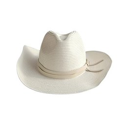 Wide-brimmed ivory cowboy hat with a beige shirt.