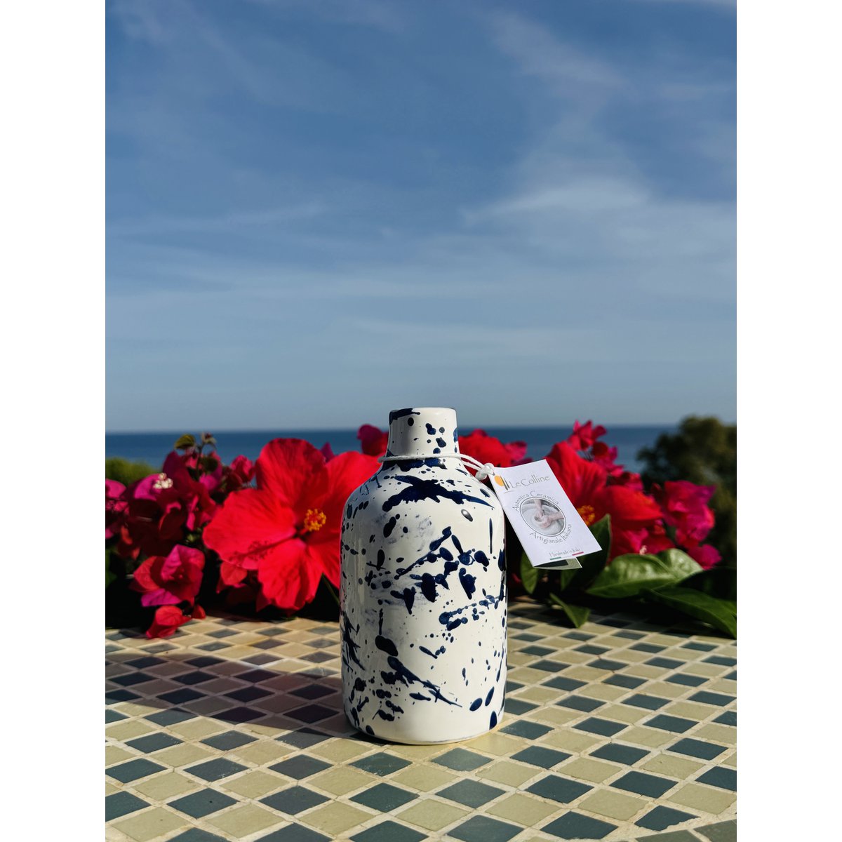 Handgemachte Ölflasche Ölspender Ölkännchen Keramikflasche "Schizzata" für Olivenöl & Essig aus Italien