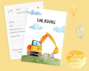 Graafmachine uitnodigingskaartenset om in te vullen inclusief envelop voor bouwplaatsverjaardag