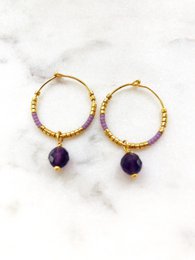Amethyst crystal drop earrings with 24 carat gold-plated beads