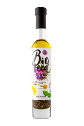 # Product Description
Golden extra virgin oil with citrus fruits, lemon and herbs, gourmet culinary cooking oil bottle.
