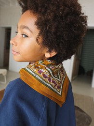 "Cumin yellow and navy blue child scarf, 50cm, geometric patterned, colorful tribal design, soft fabric"