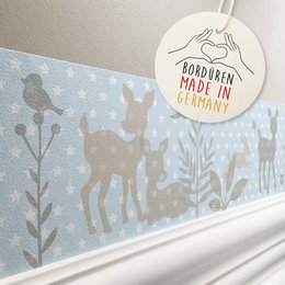 "Blue and white border wallpaper with silhouettes of bunnies, deer, and other forest animals. Suitable for a kids' room or nursery."