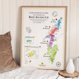Colorful map of the wine regions of Bourgogne, France. Includes names of key wine-producing areas and towns.