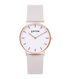 Rose gold and light grey classic watch with a white leather strap.