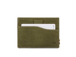 Olive green leather card holder with minimalist design and card slots.