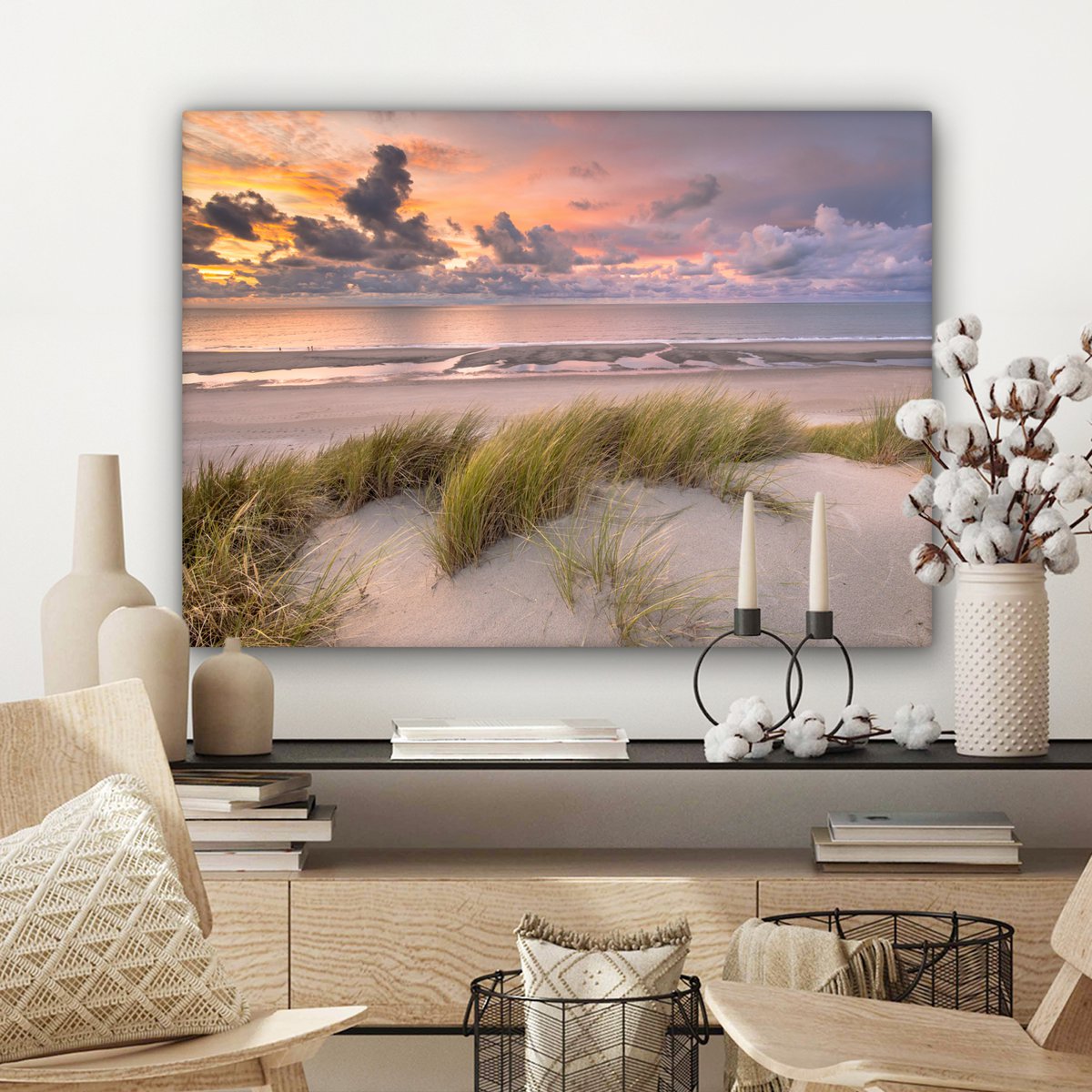 Pintura de lona - Decoración de pared - Sunset - Dune - Playa - Plantas - Mar