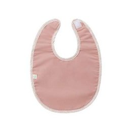 A soft, pink bib with a simple, curved design and white trim.