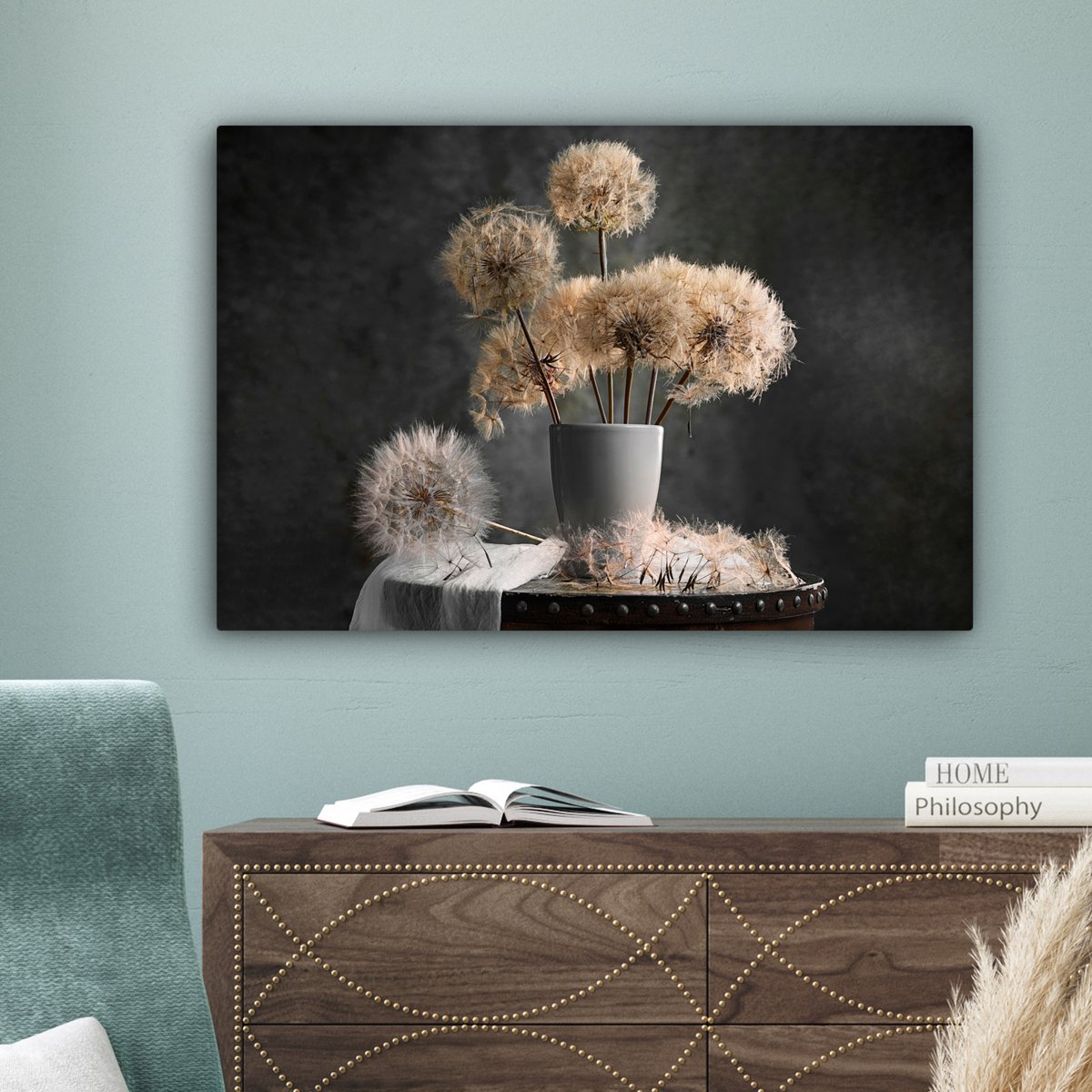 Leinwand Malerei - Wanddekoration - Blumensamen - Löwenzahn - Vase - Stillleben - Bouquet