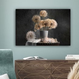 Lærredsmaleri - vægdekoration - blomsterfrø - mælkebøtte - vase - stilleben - buket
