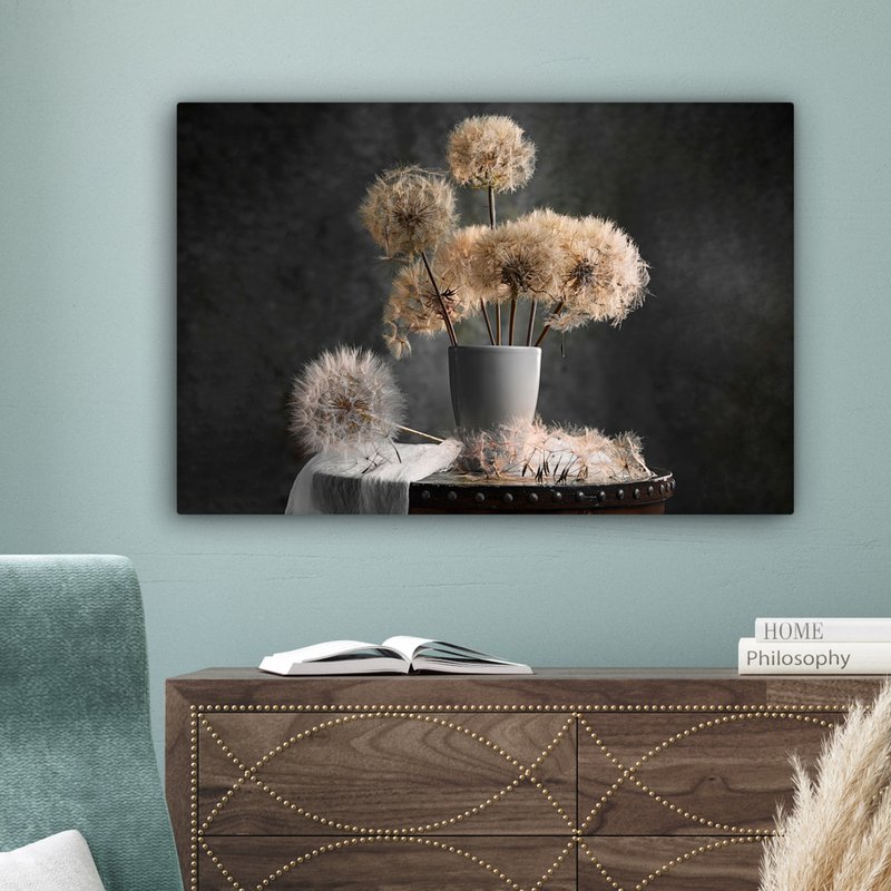 Lærredsmaleri - vægdekoration - blomsterfrø - mælkebøtte - vase - stilleben - buket