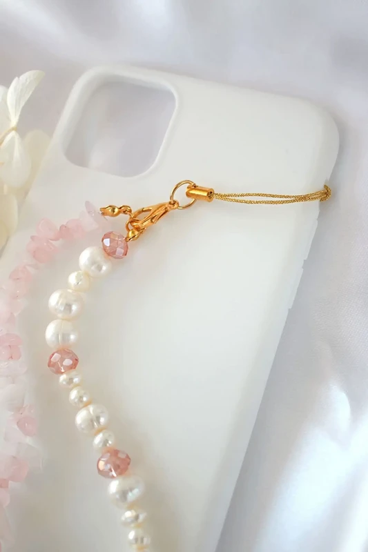 "Rose Babe" | Rozenkwarts en zoetwaterparels Duo telefoonkoord