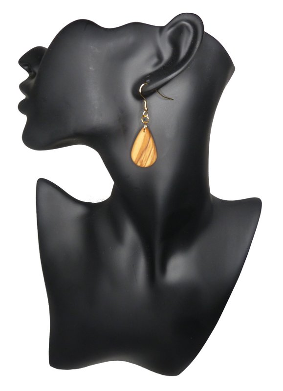 Boucles d'oreilles pendantes en forme de goutte en bois d'olivier remarquablement maîtrisé, très léger, surface huilée mate