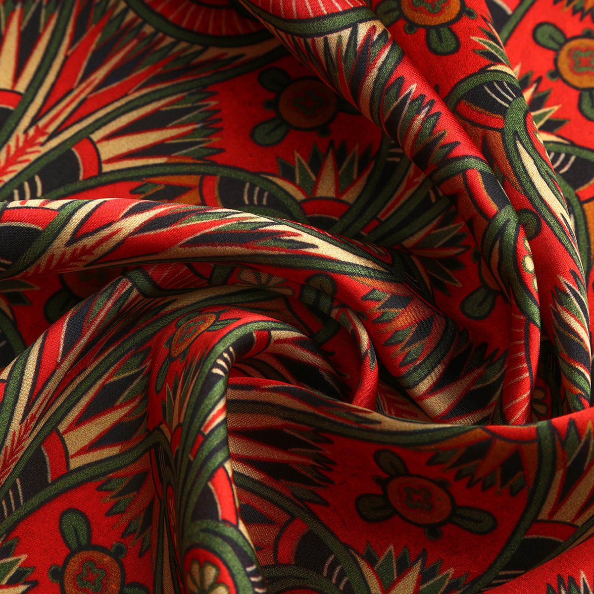 Art nouveau czerwony jedwabny szalik z zielonym i złotym kwiaty Azteca