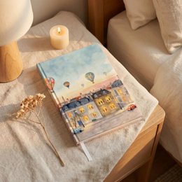 "A5 hardbound notebook with watercolor illustration of hot air balloons, colorful buildings, and scenic cityscape design"