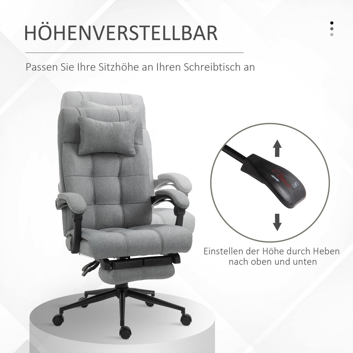 Office chair with pillow armrest Desk chair with tilt angle Height-adjustable swivel chair with footrest Linen foam PVC Light gray 66 x 76 x 112-120 cm