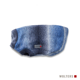 Cozy knitted pet sweater in shades of blue, available in various sizes.