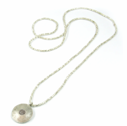 Silver necklace with Om symbol pendant, 106 cm long chain, layered necklace design.