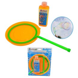 A large bubble wand and bubble solution for creating giant, XXL soap bubbles. The set includes a green and orange bubble wand and a bottle of bubble solution.
