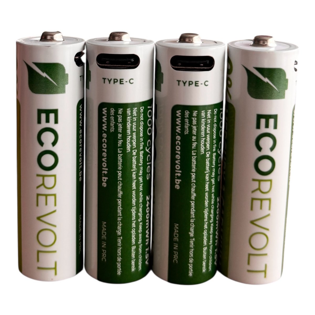 Ecorevolt-pack van 4 repcherable AA Repcherable USB-C 700 MAH 1.5V + 4-kop kabel