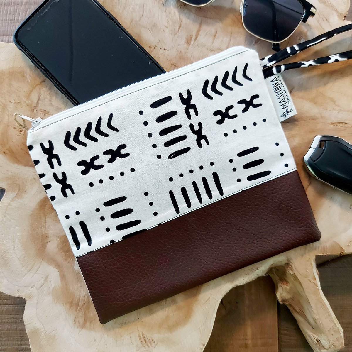 Afrikanischer Druckzahnbeutel | Make-up-Tasche | Bleistiftfall | Veganer Lederdetail