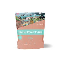 "History Remix puzzle with illustrated historical scenes, educational design, colorful artwork, square format puzzle game"