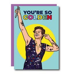 Vibrant greeting card with a retro-inspired design featuring a woman in a sparkly dress raising her arms in celebration. The text reads "You're So Golden".