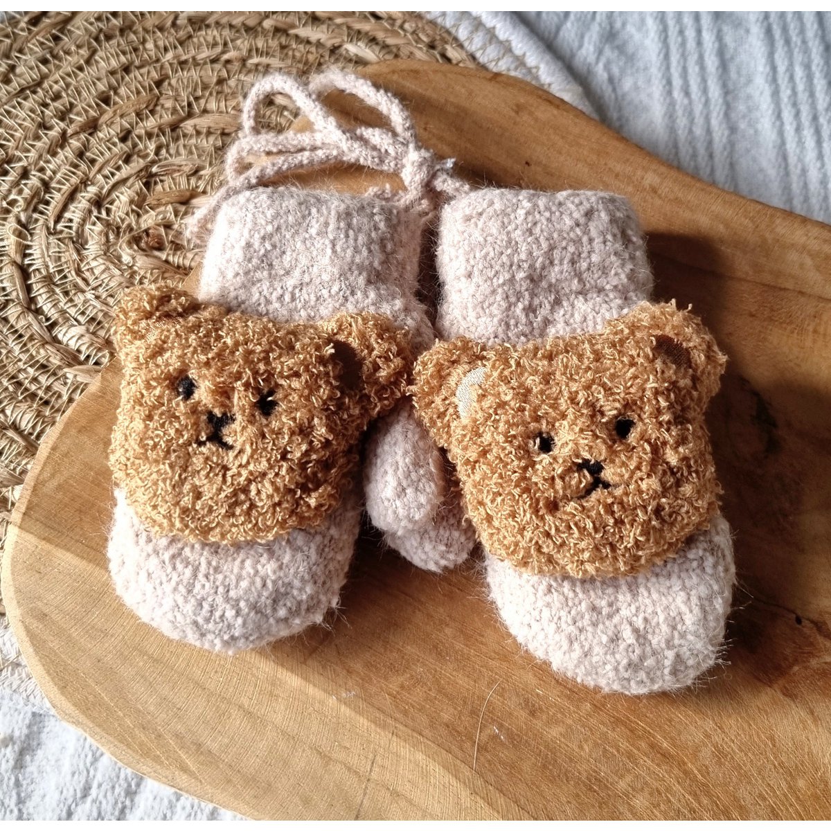 Baby Gloves / Mittens With Teddy Bear - Sand