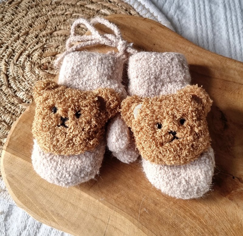 Baby Gloves / Mittens With Teddy Bear - Sand