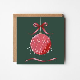 A festive Christmas card with a red bow and the text "Falalala" in a stylized font against a dark green background.