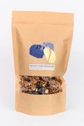 Dark chocolate granola with crunchy nuts and seeds in a resealable bag.