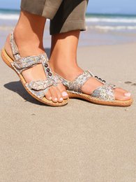  Multicolor print, leather, sandals with strappy design and buckle closure, available in sizes 36-42.